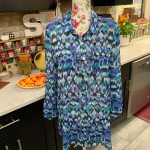 Ruby Rd. Womens Sz 14 Blouse Jacket Shacket Sheer Blue Sparkle Roll Tab Sleeve